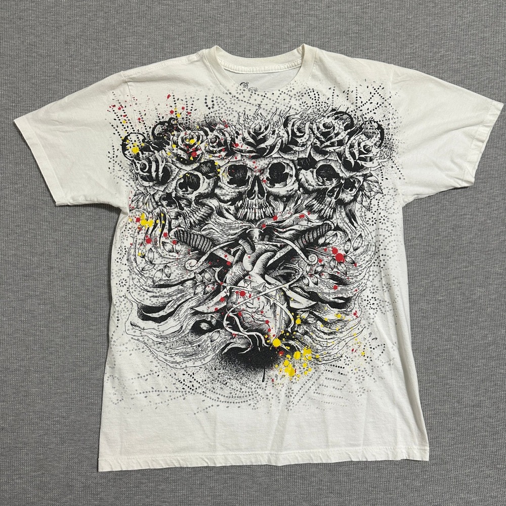 Miami Ink Skull Rose Heart Tattoo Double Sided Graphic Tee White Medium 2009 TV